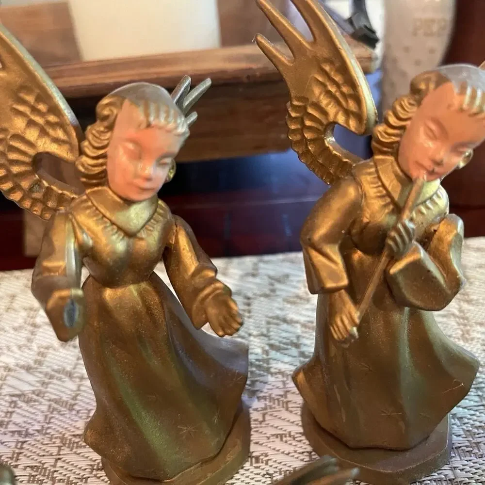 Vintage 50’s set of 8 gold  holiday angels plastic figurines Hong Kong